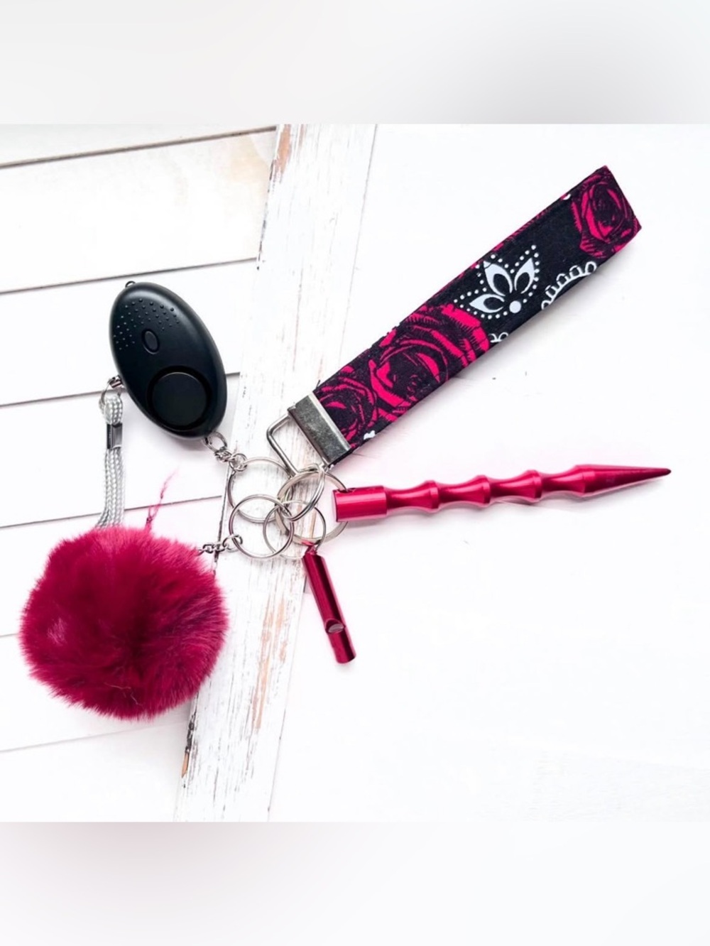 Rose Print Wristlet Keychain with Self-Defense Tool